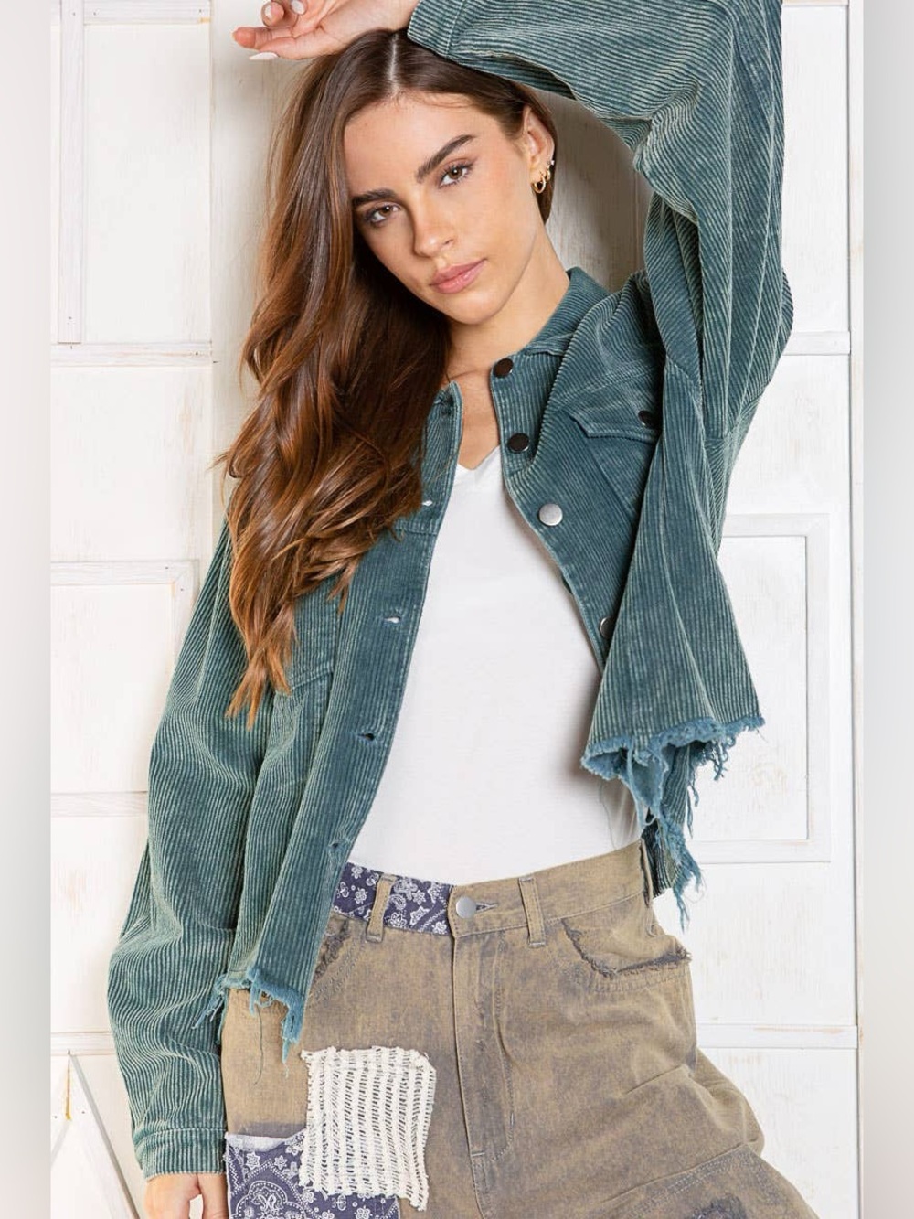 🆕 POL Raw Hem Pocket Front Button Down Corduroy Trucker Jacket NWT SZ MED